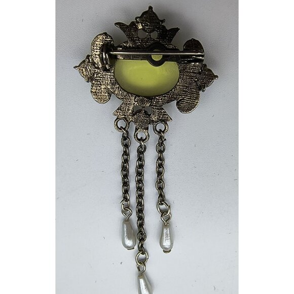 Vintage Silver-Tone Brooch W/ Yellow Glass Cabochon Faux Pearl Accents & Chain - Picture 5 of 6